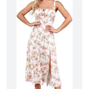 White Pink Floral Sexy Flowy Milkmaid Summer Dress Ruched Bust Size Large